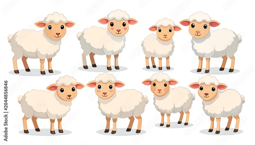 Fototapeta premium Cartoon illustration featuring eight fluffy sheep in various poses, with friendly expressions and tan legs
