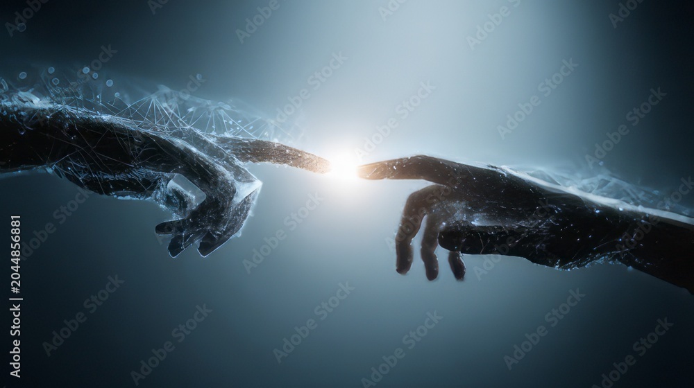 Naklejka premium The connection between humanity and technology. Human hand interacting with a digital or robotic one. Artificial Intelligence, data network connectivity. 