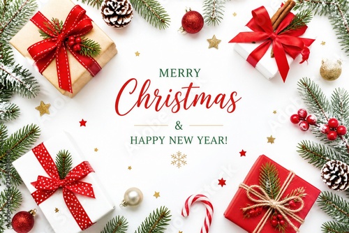 Wrapped christmas gifts arranged on festive white background