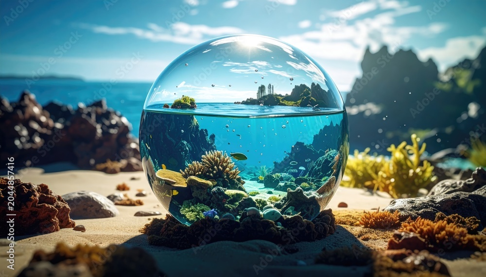 Fototapeta premium Miniature ocean microcosm contained within a crystal sphere on a beach
