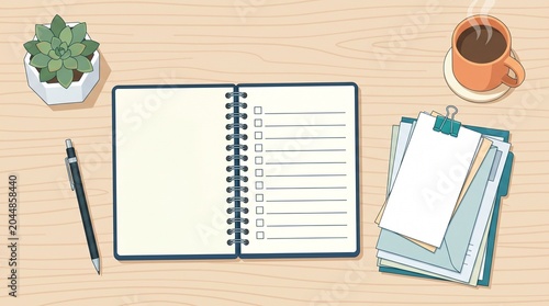 Vector illustration of a budget planning notebook with documents and coffee on wooden desk