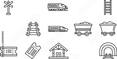 Foto Railroad transit and logistics line icon set featuring passenger train speed rai