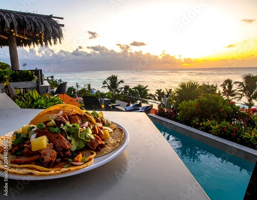 Colorful Taco Plate Served on Outdoor Table at Tropical Ocean Sunset Resort