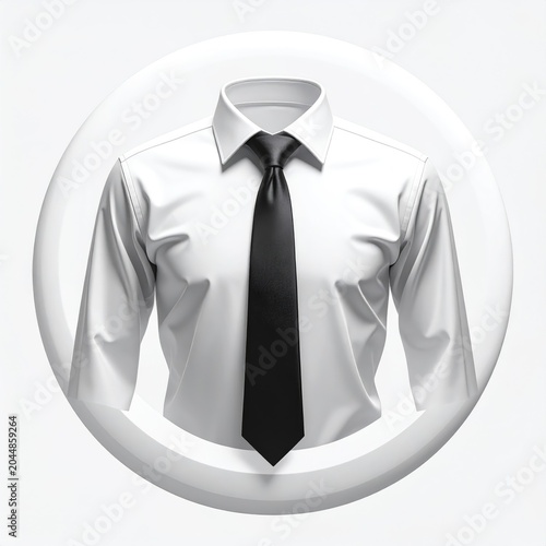 Crisp white dress shirt with a sharp black tie, presented in a circular frame