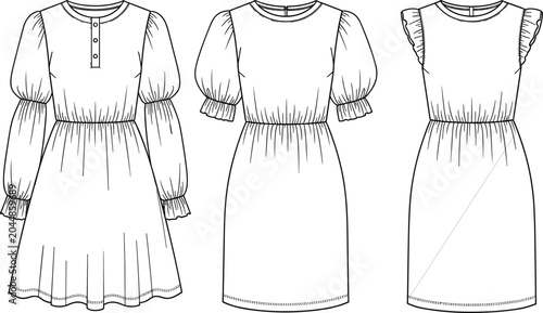 Bild auf Leinwand Fashion technical sketch vector collection featuring women casual dresses with p