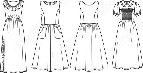 Canvastavla Fashion technical sketch vector collection featuring women summer dresses with r