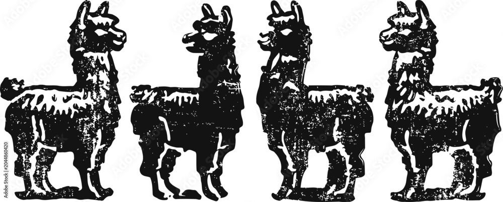 Naklejka premium Four black silhouette llamas in different side and front poses, rustic folk art