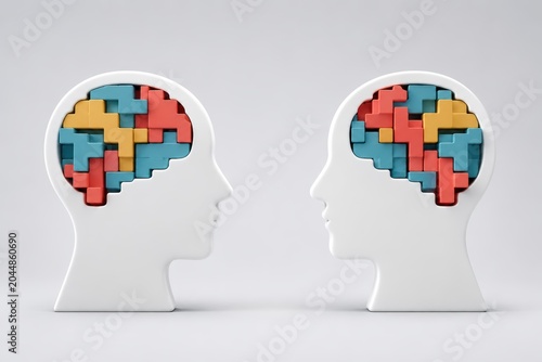 Brain Puzzle Connection: Two stylized heads in profile face each other, each containing a colorful, puzzle-like brain, symbolizing communication, ideas, and the connection between minds.