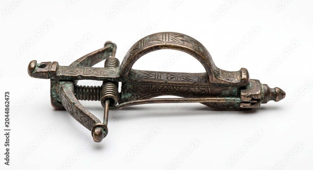 Fototapeta premium An ancient bronze crossbow mechanism featuring intricate geometric engravings on a white background.