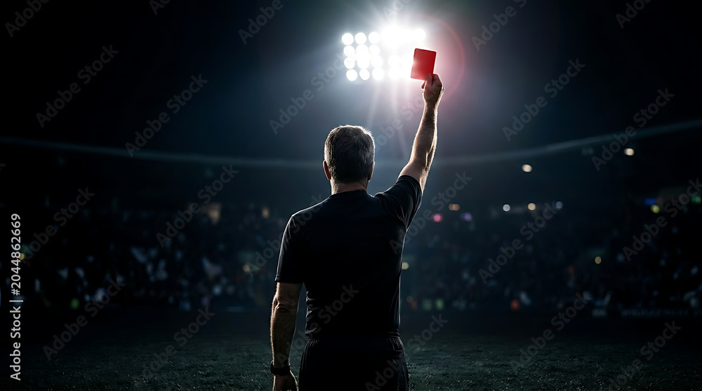 Fototapeta premium Referee Showing Red Card Under Stadium Lights at Night