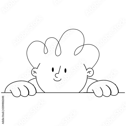 Cute Cartoon Child Peeking Over Edge – Black and White Line Art Mascot Illustration