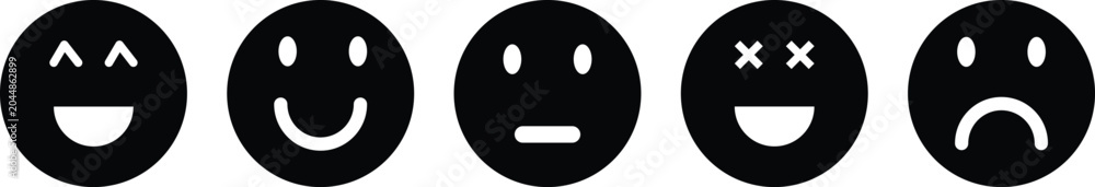 Obraz premium A set of five emoticon faces with different expressions on white background smiling winking face smiling face neutral face smiling face with x eyes sad face