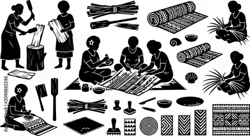 African Women Craft Weaving Scene Black Silhouette Vector Cultural Illustration Clipart