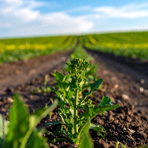 Young Green Plant Growing in Cultivated Soil Rows Under Blue Cloudy Sky
