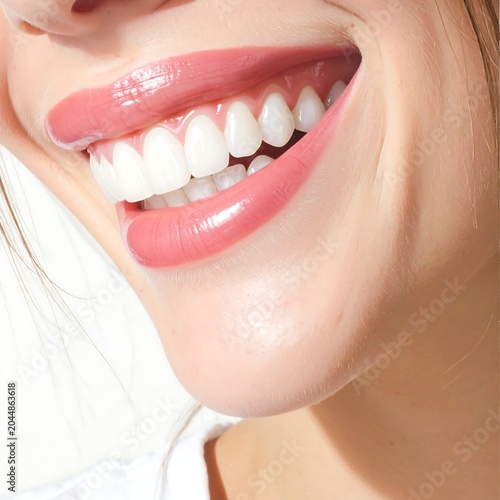 Bright White Teeth Showing in Close Up Smiling Woman Portrait