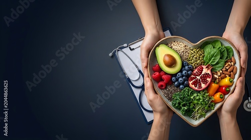Heart shaped bowl of healthy food with stethoscope and clipboard