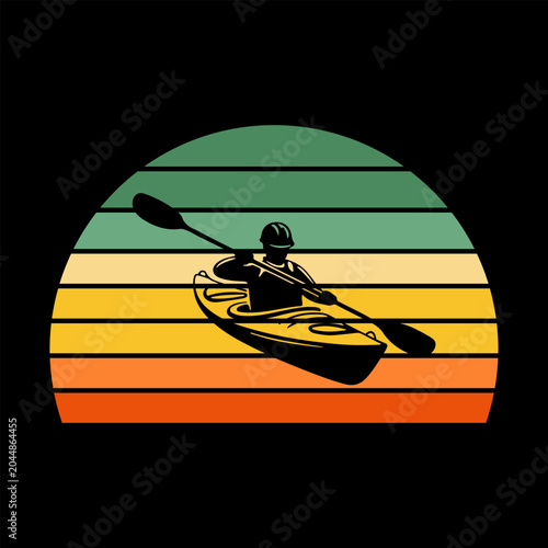 Retro sunset kayak and canoe silhouette illustration.
