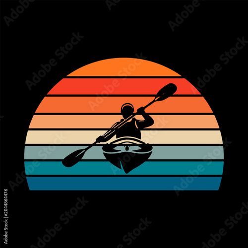 Retro sunset kayak and canoe silhouette illustration.