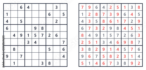 Konstfotografi Sudoku square grid with solution numbers for logic games, clip art for brain tra