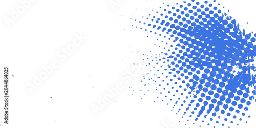 Schilderij op canvas Abstract Blue Halftone Pattern: A dynamic abstract design featuring a distressed blue halftone pattern bursting from the right side against a clean white background