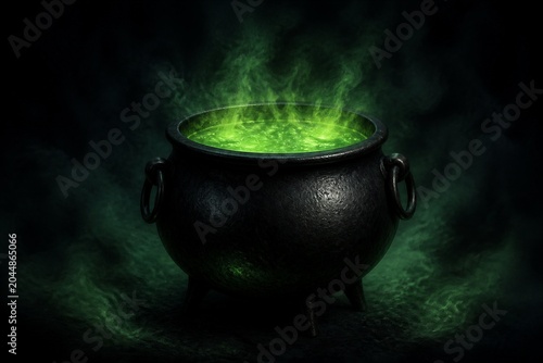 Witch cauldron simmering glowing potion in dark setting