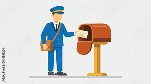 Postman delivering mail into a red mailbox, flat vector illustration
