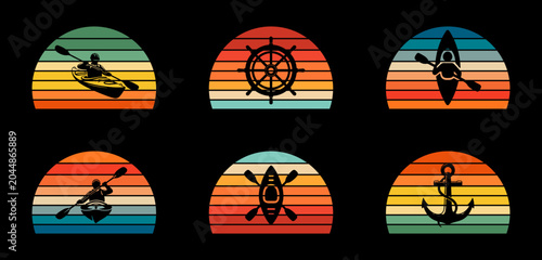 Set of six retro sunset designs featuring silhouettes of kayakers paddling, canoes, an anchor and a ship's wheel.
