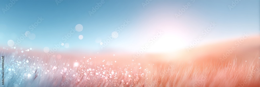 Fototapeta premium Dreamy sunrise meadow background with sparkling dew and soft pastel grasses for summer solstice banner and wallpaper design