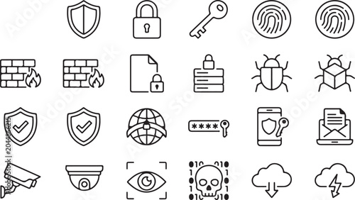 Cybersecurity icon set black line art 20 vector symbols