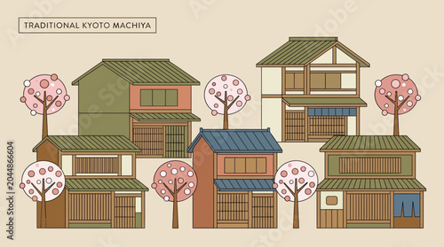 Charming Kyoto Machiya Houses and Cherry Blossoms in Traditional Japanese Spring Illustration