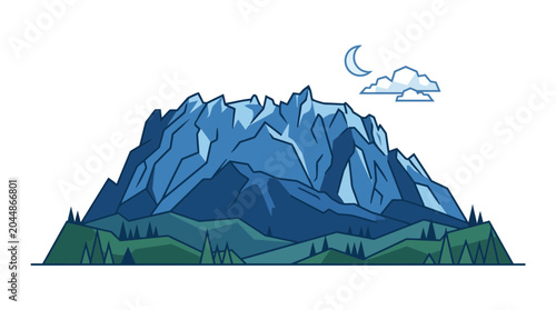 Stylized Blue Mountain Peak with Moon and Clouds in Geometric Illustration Style
