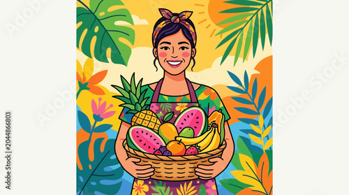 Smiling woman holding basket of tropical fruits in a vibrant jungle setting