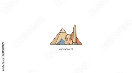 Stylized illustration of ancient Egyptian landmarks including the Sphinx and pyramids