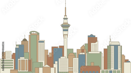 Stylized illustration of the Auckland city skyline with the iconic Sky Tower