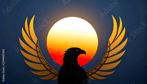 Bold Eagle Silhouette with Golden Wings Against Glowing Sunset Circle on Dark Blue Background