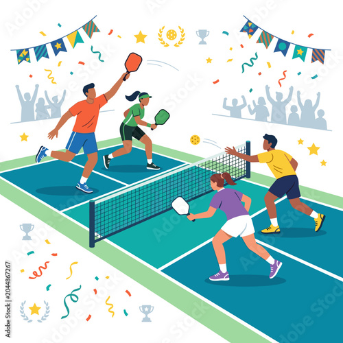 Four people playing pickleball on a court illustration