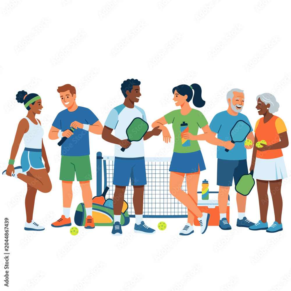 Fototapeta premium Diverse group of people playing pickleball on court
