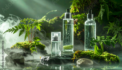 Botanical Glass Skincare: Botanical glass serum bottles amidst lush green ferns and moss, evoking sense of natural purity and refreshing hydration, perfect for beauty