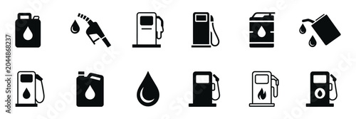 Fuel and Gas Station icon collection, Engine Oil and Petrol Pump symbols in clean vector Style for Vehicle Maintenance and Transportation concepts.
