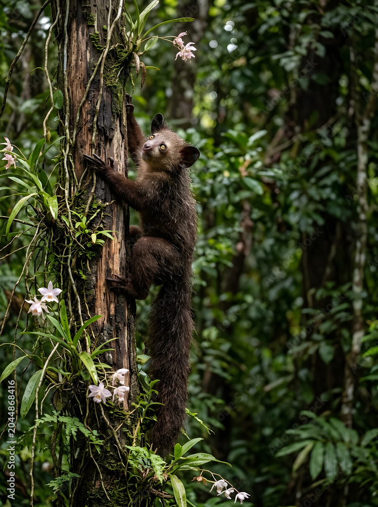 Fototapeta premium An Aye-Aye skillfully ascends a mossy tree trunk in its lush tropical habitat, observing the vibrant rainforest surroundings