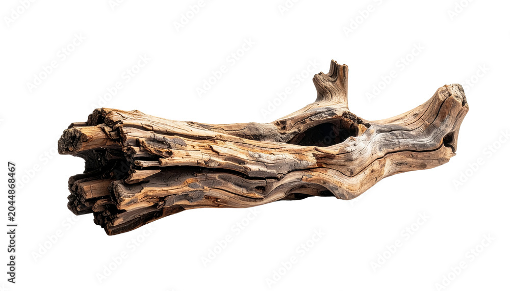 Fototapeta premium A weathered piece of dead driftwood with a hollow core and rough textured bark surface