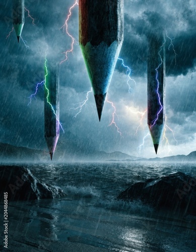 Surreal stormy landscape with giant colored pencils striking like lightning drawing colorful thunderbolts in a dramatic setting