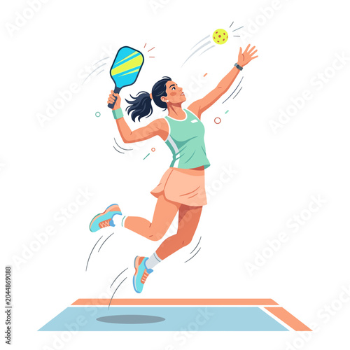Woman playing pickleball jumping to hit the ball