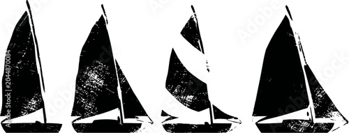 sailboats with large sails on water in black silhouette style, nautical and marine concept