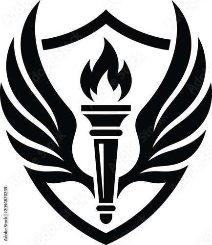 Fotografi Shield emblem featuring flaming torch and symmetrical wings structure