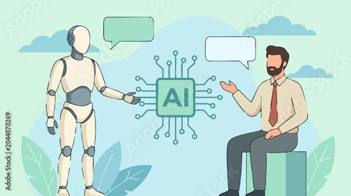 Foto Artificial Intelligence Robot and Man Discussing Technology