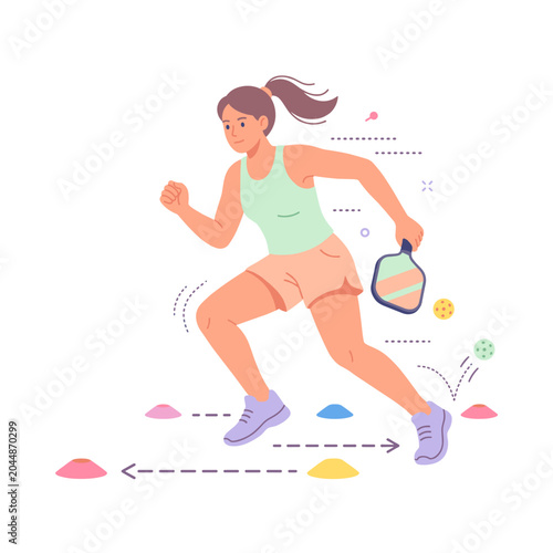 Woman running agility course with pickleball paddle