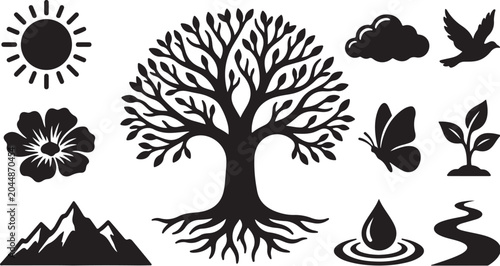 Nature Symbols Tree Life Cycle Elements Icons Set