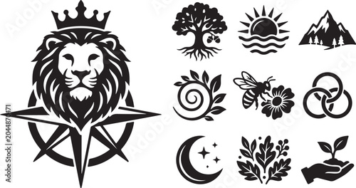 Lion with Crown and Various Nature Symbols