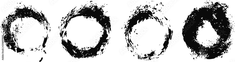Fototapeta premium Grunge black circle brush strokes set with rough textured edges, ink paint rings isolated on white background